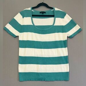 21 Main White Teal Striped Pattern Short Sleeve Pullover Sweater